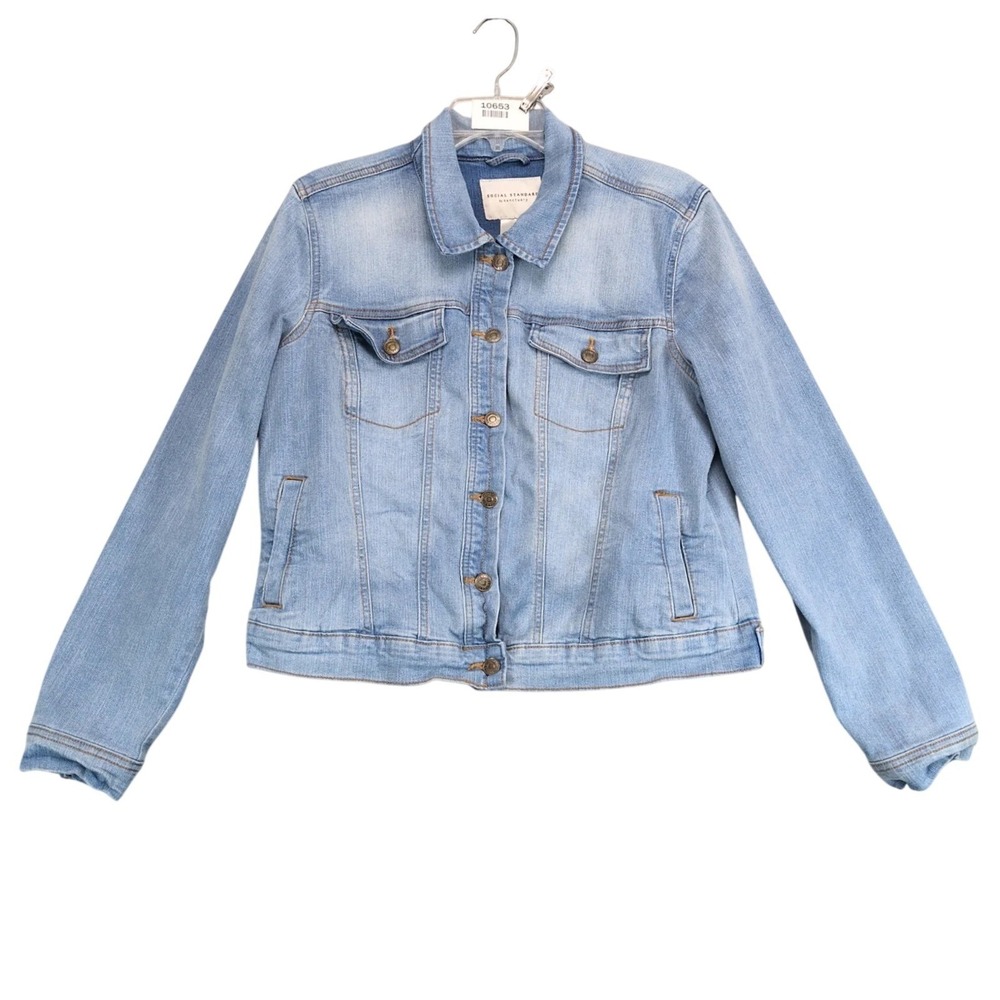 Social Standard by Sanctuary Blue Jean Jacket Womens L Stretch Denim Trucker Y2K